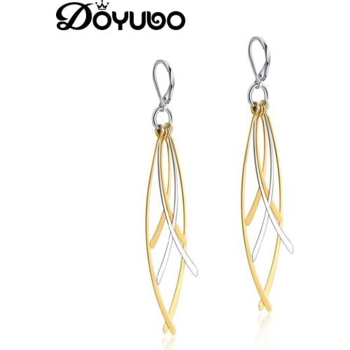 DOYUBO Bohemia Style Womens 316L Stainless Steel Drop Earrings With Colorful Long Leaf Shape Lady Fashion Earrings JewelryDB026