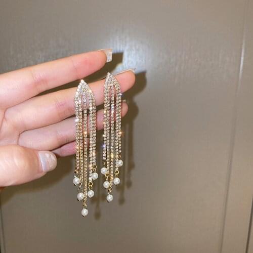2021 New Korean Fashion Shining Rhinestone Long Tassel Dangle Earrings for Women Girls Geometric Crystal Earrings Party Jewelry