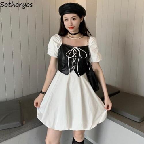 Short Puff Sleeve Dress Women Fake Two Pieces Pu Sexy Mini Dresses Patchwork Bandage Streetwear Korean Style Teens Chic Vintage