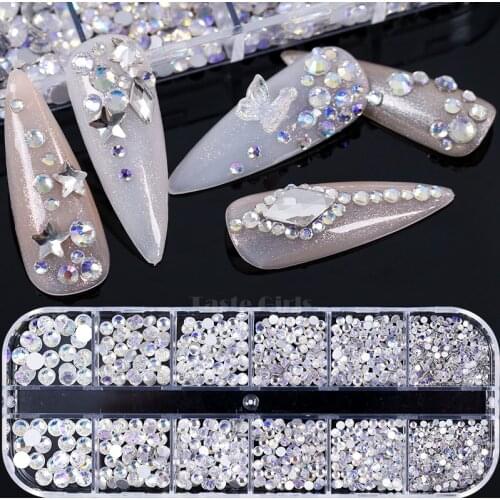 12 Grids1200/660PCS Round Mix Shapes White AB Colorful Flatback Acrylic Diamonds Jewelry Nail Art Rhinestones Decorations Charms