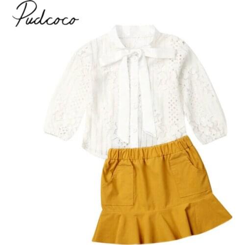 2019 Baby Spring Autumn Clothing Infant Kid Baby Girl Clothes Lace Bowknot Tie Top Shirt+ Pocket Skirt Elegant Outfit Set 18M-6T