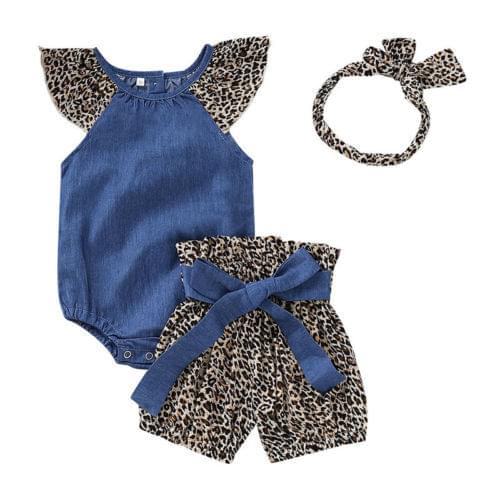 3pcs/set Toddler Kids Baby Girls Clothes Set Denim Sleevless Romper Tops+Leopard Bow Shorts +Headband Summer Baby Girl Outfits
