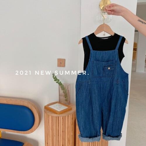 Kids Jeans 2021 New Summer Boys Girls Overalls Baby Solid Pants Childrens Clothes with Pocket One Piece