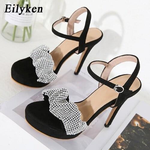Eilyken New Design Crystal Rhinestone Pleated Women Platform Sandals Summer Party Nightclub Ultra High Heels Buckle Strap Shoes