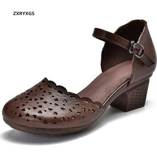 Hot Sale 2021 New Summer Round Toe 100% Natural Genuine Leather Sandals Thick Heels Elegance Fashion Sandals Women Shoes Sandals