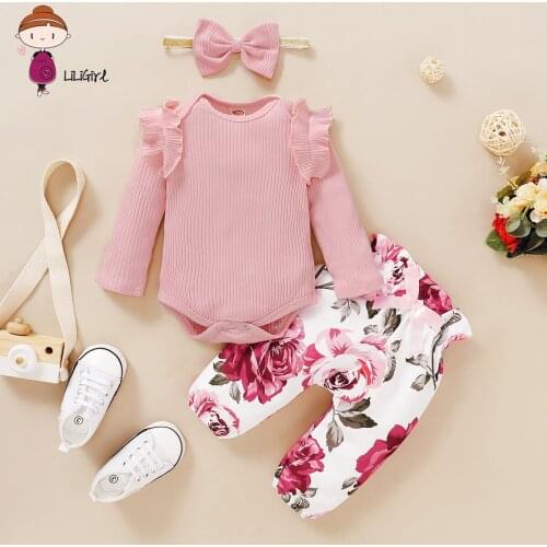 GirlS Fall Outfits Baby Girl Clothes Solid Pink Ruffles Long Sleeve Romper Floral Print Pants Headband Set