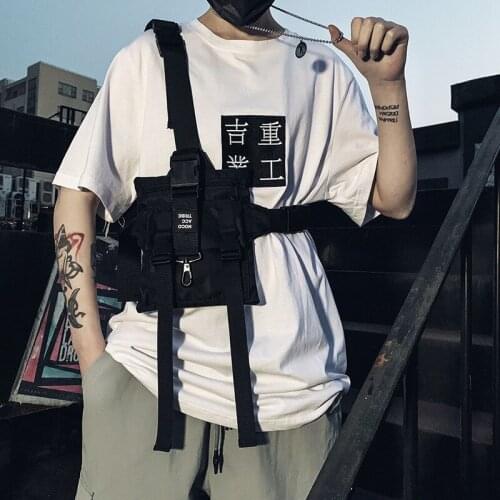 Ribbons Canvas Letter Print Hip Hop Tactical Chest Bags Male Japan Style Techwear Shoulder Package Casual Student Men Streetwear