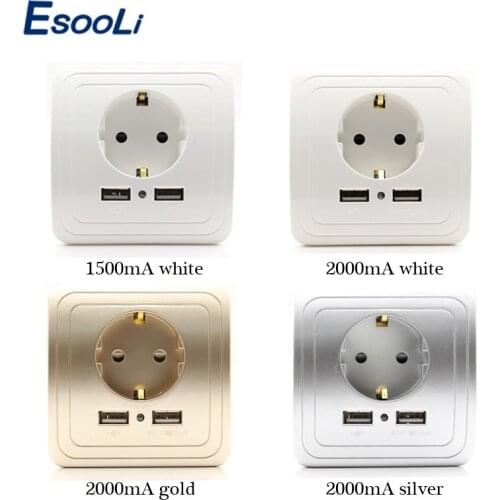 Esooli EU Standard 16A 250V Dual USB Port 2000mA Wall Charger Adapter EU USB Socket Plug With Usb Power Outlet Panel