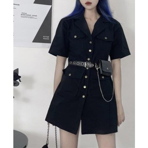 Zoki Gothic Women Cargo Mini Dress Black Summer High Waist Fashion Belt Dark Academic Single Breasted Short Sleeve Club Vestidos