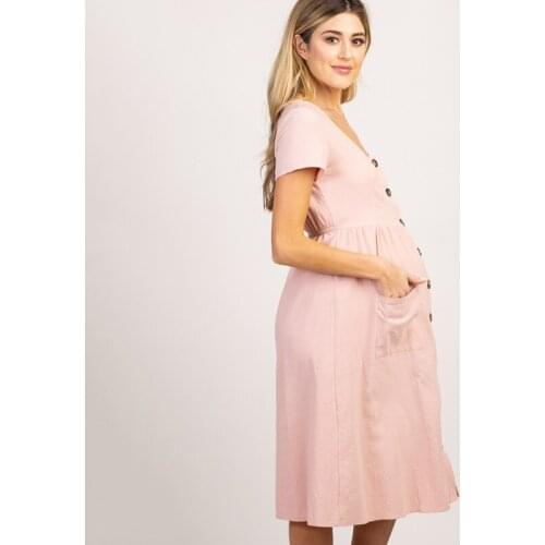 Casual Button Pocket Maternity Dresses Pregnant Women Office Clothes Cotton Summer Female Plus Size Pregnancy Dress Loose