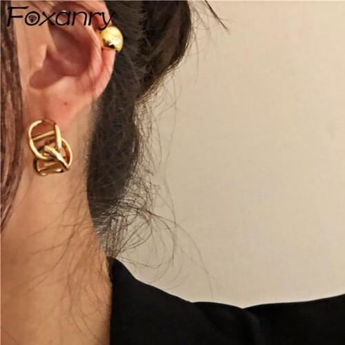 Foxanry Prevent Allergy 925 Sterling Silver Stud Earrings INS Fashion Hollow Geometric Vintage France Gold Plated Party Jewelry