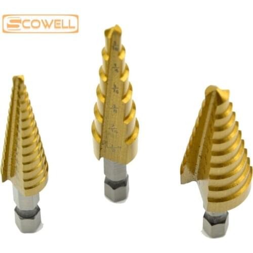 30% Off HSS 4241# Step Drill Bit 3pcs Spiral Groov Drill Bits Wood Drill Bit 6/9/13 Steps 3/16 Inch to 1/2 Inch Titanium Coated