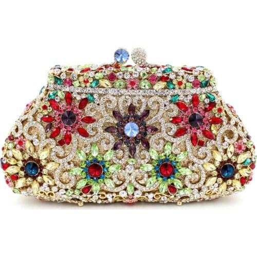 XIYUAN Wedding Dress Bridal Diamond Chains Shoulder bag Handbags Crystal Clutch purse Evening Bag for Women Metal Floral Ladies