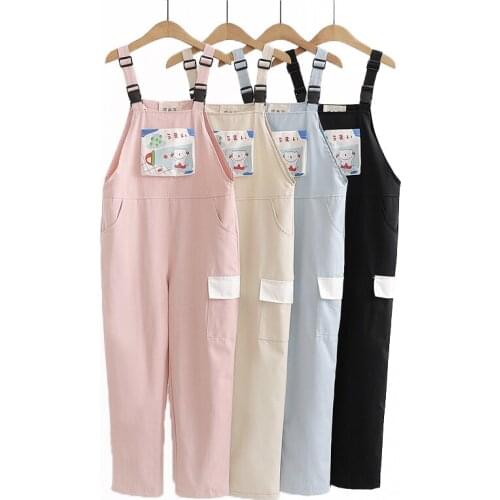 Spring Autumn Rompers Womens Jumpsuit Cartoon Print Pant Baggy Overalls Sweet Pink Beige Blue Black Jumpsuits Female Trousers