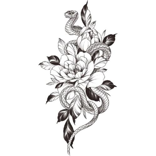 Temporary Tattoo Stickers Black Flowers Snake Branches Leaves Totem Fake Tattoos Waterproof Tatoos Arm Large Size for Women Girl