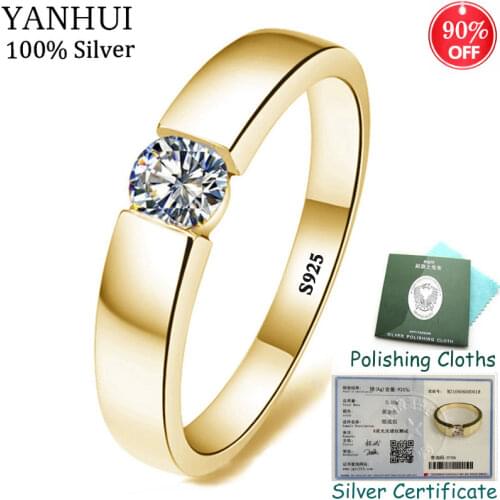 YANHUI 100% Original 925 Solid Silver Golden Engagement Wedding Rings with Cubic Zirconia Fine Jewelry for Men Women R16