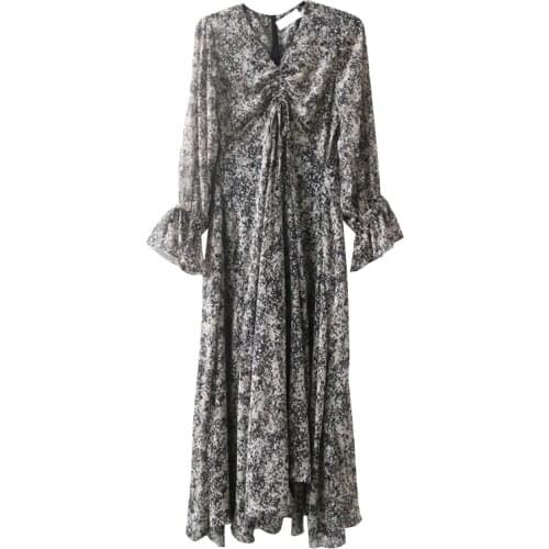 Women Retro Floral Dress Cross V Neck Slim Long Spring and Autumn Elegant Chiffon Long Sleeve Dresses