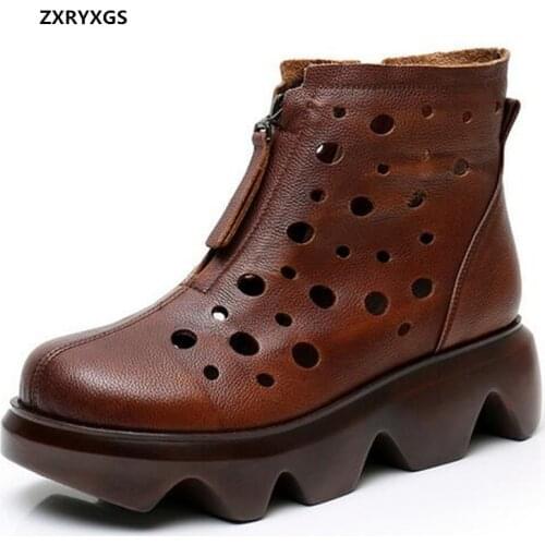 2021 New Spring Summer Top Cowhide Hollow Cool Boots Women Leather Boots Platform Sandals Increase Shoes Wedges Womens Boots