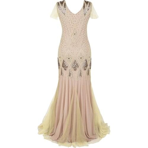 Womens Flapper Dresses 1920s V Neck Beaded Fringed Great Gatsby Long Dress