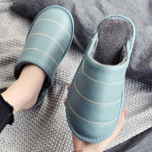 Cow Leather Womens Winter House Slippers Warm Anti-Slip Couples Indoor Slippers Casual Home Shoes for Men