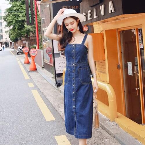 Fashion Strap Button Front Denim Dress Women 2020 Spring Summer New Sling Jeans Dresses Ladies Temperament Vestidos Tide D3603