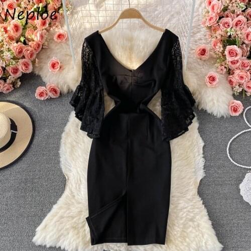 Neploe Professional Temperament Split Slim Hip Dress Women Autumn Sexy Lace Patchwork Robe Female Flare Sleeves V-neck Vestido