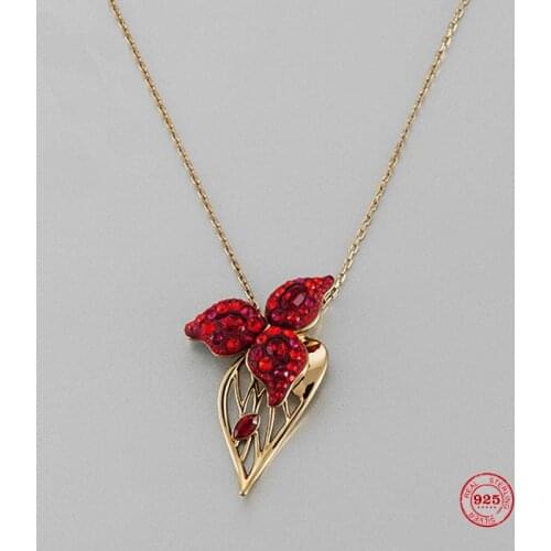Fashion Charm Pure 925 Silver Original 1:1 Copy, Retro Elegant Red Leaf Pendant Fashion Necklace Female Luxury Jewelry Gifts