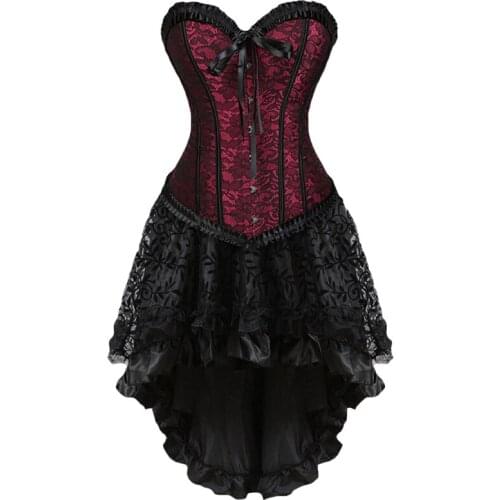 Women Burlesque Dancer Dress Witch Halloween Sexy Overbust Bustier Corset Mini Skirt Gothic Corset Dress With Skirt Plus Size