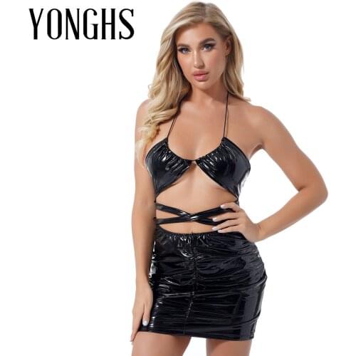 Womens Sexy Bodycon Dress Halter Lace-up Cutout Backless Lingerie Dress Wet Look Patent Leather Pleated Front Dresses Clubwear
