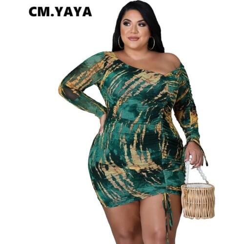 CM.YAYA Women Plus Size Dress Print Shirring Skew Collar Skinny Dresses Sexy Night Club Party Vestidos Fashion Outfit Autumn
