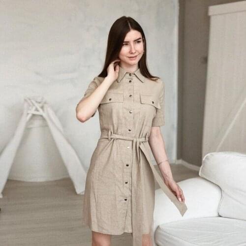 Women Vintage Sashes Front Buttons A-line Dress Half Sleeve Turn Down Collar Solid Elegant Casual Mini Dress 2021 Spring Dress