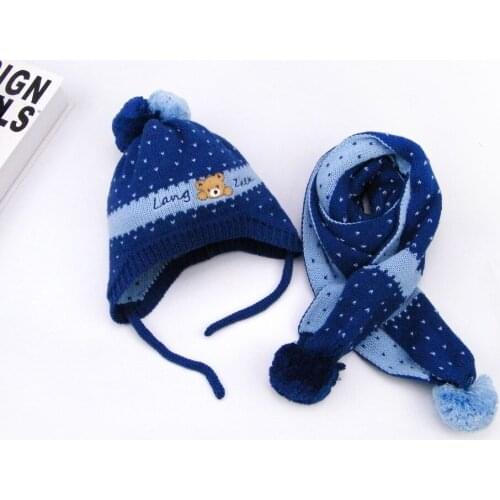 LangZhen 3 Colors Winter Baby Hat And Scarf Crochet Knitted Cartoon Bear Caps for Infant Boys Girls kids Neck Warmer 2 pcs