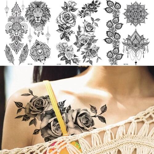 GoldOcean 3D Fashion Chest Bracelet Black Floral Fake Tattoo Stickers Women Girls Waterproof Tattoo Temporary Body Arm Art Tatto
