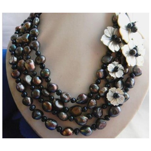 4Srands 18'' 12mm Black Baroque Round Freshwater Pearl Shell Flower Necklace