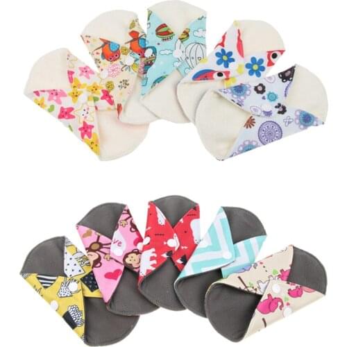 5 Pack 7 Inch Light Charcoal Bamboo Mama Cloth Menstrual Pads Reusable Sanitary Pad Panty liner Random Pattern