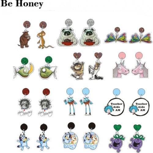 Acrylic laser factory Childrens picture books Piranhas Bananas fish pig pug yellow spot Dog Butterfly pink unicorn Earrings