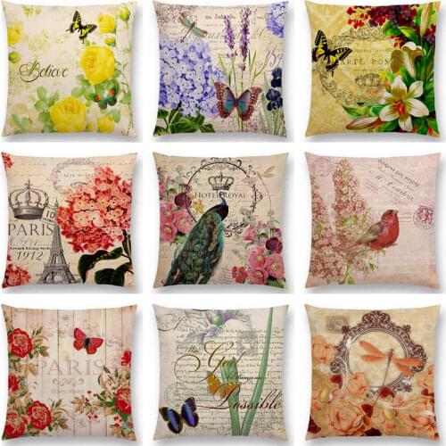 Hot Sale Flowers Butterfly Eiffel Tower Peacock Paris Crown Vintage Floral Pattern Decorative Letters Cushion Sofa Throw Pillow