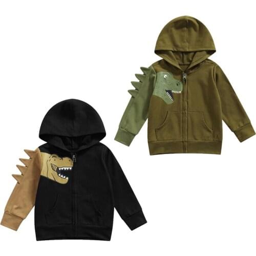 2021 Infant Color Block Hooded Sweatshirt Casual Kids Boys Dinosaur Pattern Long Sleeve Zipper Cardigan with Pockets 1-6Years