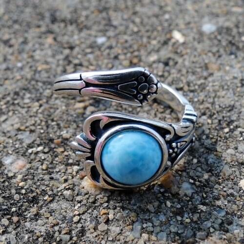 Elegant Silver Antique Ring Natural Larimar Adjustable size Ring 925 Sterling Silver Engagement Wedding Rings