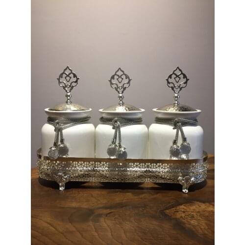 3 Piece Porcelain Spice Jar Silver Colour Porcelain Kitchen Spice Set Design Helper Classical Design Luxury Metal Silver Colour