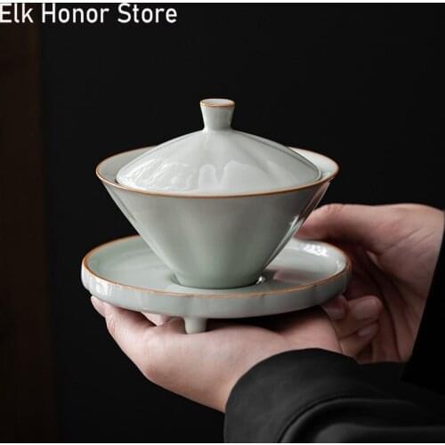 Japanese Style Ru Porcelain Gracked Glaze Gaiwan Single Cup Handmade Tureen Make Kung Fu Teaware Accessories Customized Gifts