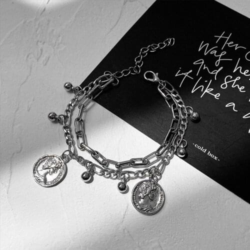 Personality Double Layers Head Portrait Charm Bracelet for Women Femme Retro Cool Metal Beads Link Chain Bracelets Jewellery