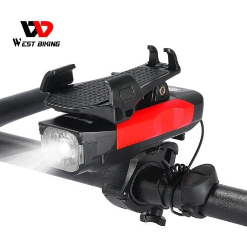 WEST BIKING Multifunctional Bike Light 4 in 1 USB Rechargeable Phone Holder Bicycle Bell Power Bank LED Lamp Cycling Accessories