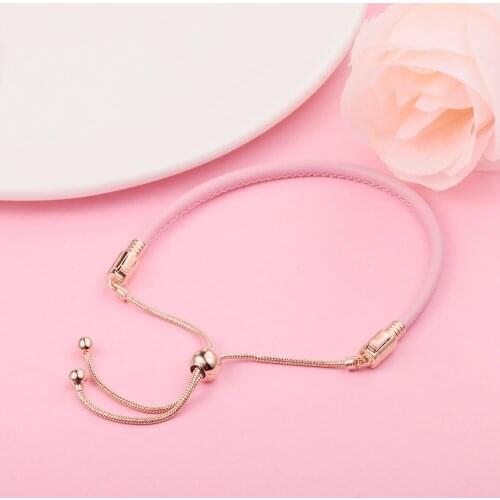 Original 925 Sterling Silver Jewelry Pink Leather Sliding Bracelets for Women Girls Party Gift Pulseras Bijoux Femme