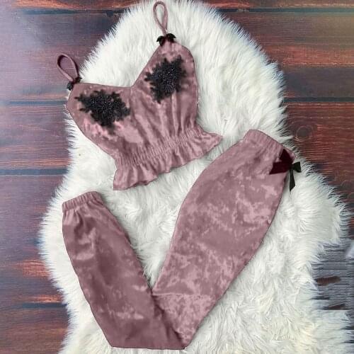 Women Pajama Sets Sexy V-Neck Beaded Stain Camisole Pajamas Femme Bowknot Elastic Waist Pants Set Sleepwear пижама женская
