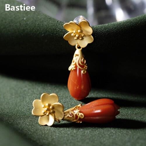 Bastiee Gold Plated Big 925 Sterling Silver Stud Earrings For Women Luxury Jewelry Flower Vintage Earrings Red Agate