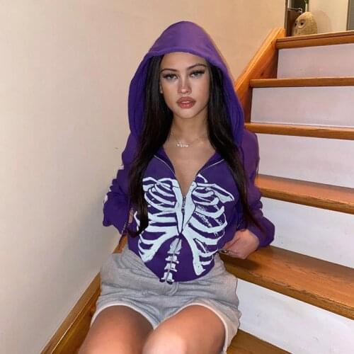 Skull Bones Print Long Sleeve Zip Up Hoodies E-girl Gothic Sweatshirt 90s Vintage Coats Top Women Autumn Winter Punk Clothes