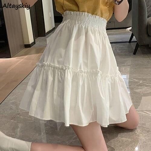 Skirts Women Ball Gown Solid Sweet Lovely Elegant Preppy Style Simple Ruffles A-line Slim Elastic Waist Korena Style Fashion Ins