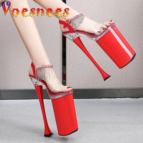 Women Sandals 2021 Platform Transparent Vamp Model T Stage Show Thin High-Heeled Shoes 26cm Female Model Tassel Diamond Shoes