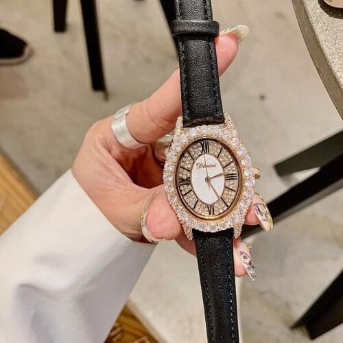 Women Oval Watches Lady Rose Gold Quartz Watch Real Leather Rhinestone Diamond Wristwatches Girls Female Clock relogio feminino